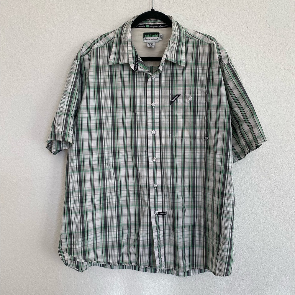 Ecko Y2K Green Plaid Button-Up Short Sleeve Shirt Size XXL Streetwear Casual